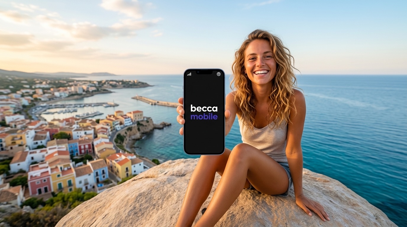 Traveler on the Mediterranean coast holding a phone running a Becca Mobile eSIM
